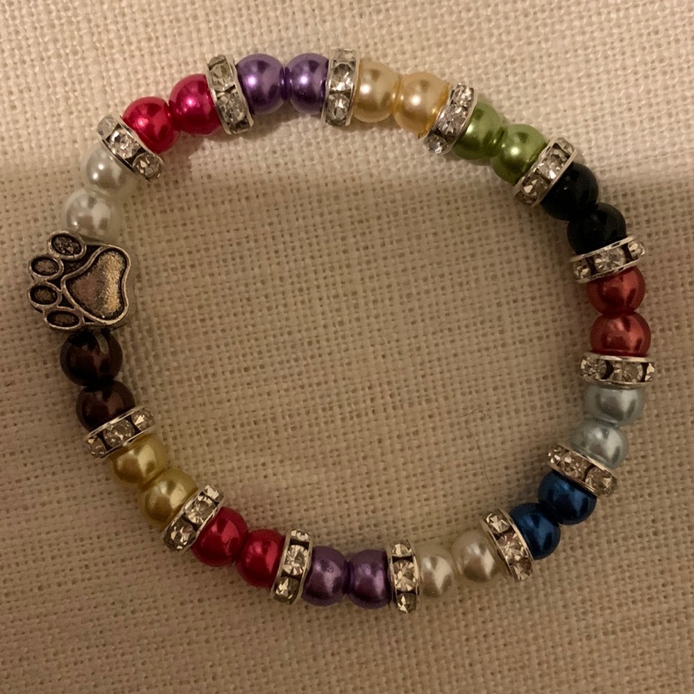 Paw Prints Multicolored Pearl Stretch Bracelet with Crystal Accents